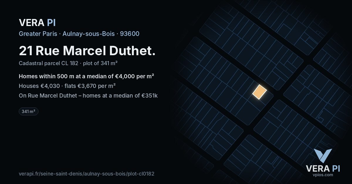 21 Rue Marcel Duthet, Aulnay-sous-Bois at night – the plot lit, the parcels around coloured by the prices near them