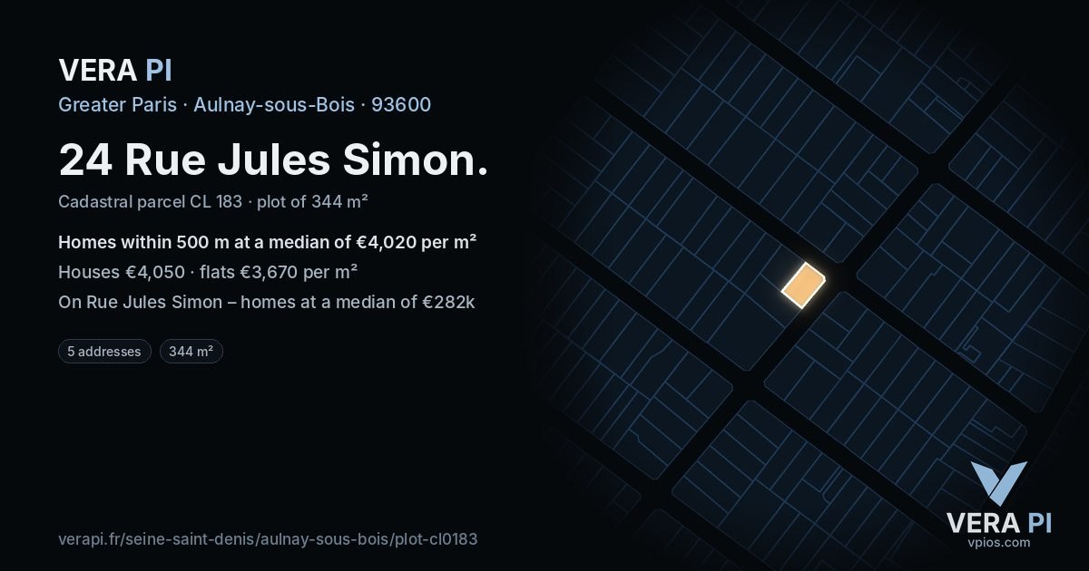 24 Rue Jules Simon, Aulnay-sous-Bois at night – the plot lit, the parcels around coloured by the prices near them