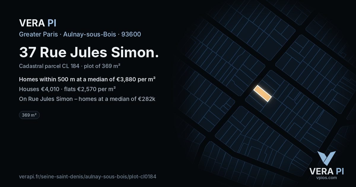 37 Rue Jules Simon, Aulnay-sous-Bois at night – the plot lit, the parcels around coloured by the prices near them