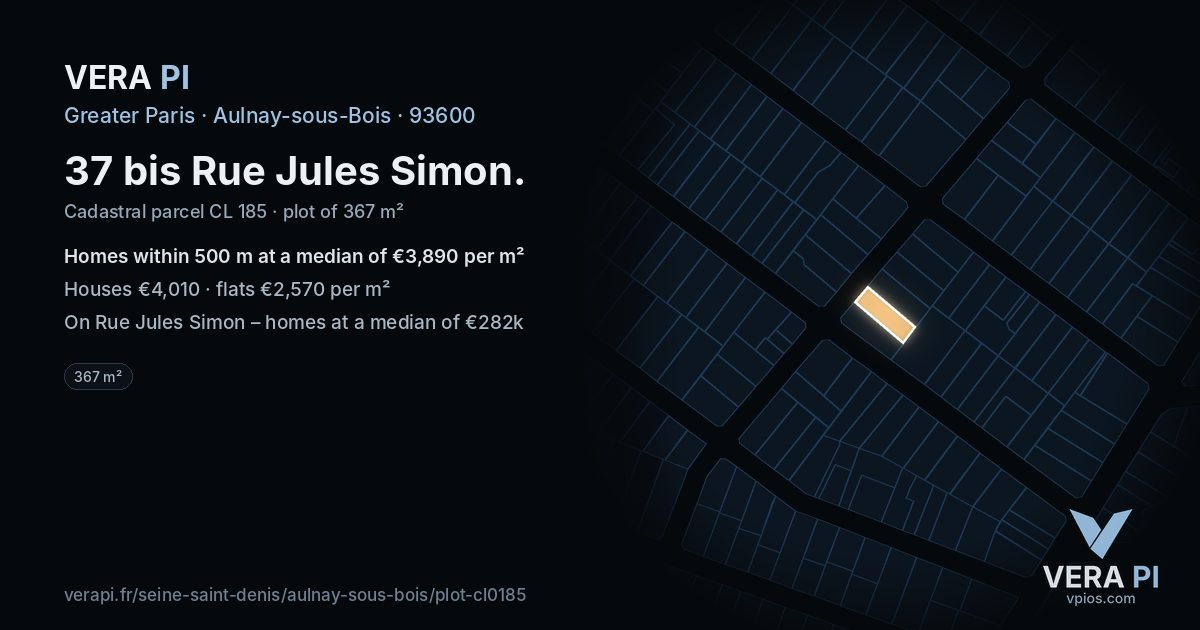 37 bis Rue Jules Simon, Aulnay-sous-Bois at night – the plot lit, the parcels around coloured by the prices near them