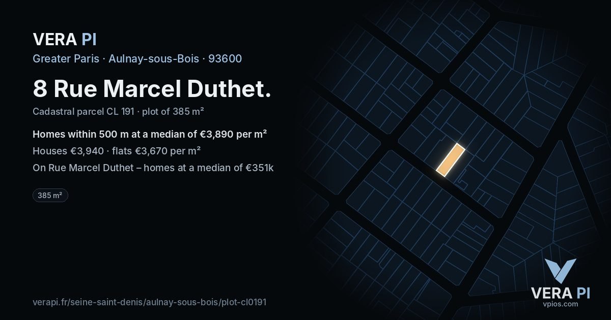 8 Rue Marcel Duthet, Aulnay-sous-Bois at night – the plot lit, the parcels around coloured by the prices near them