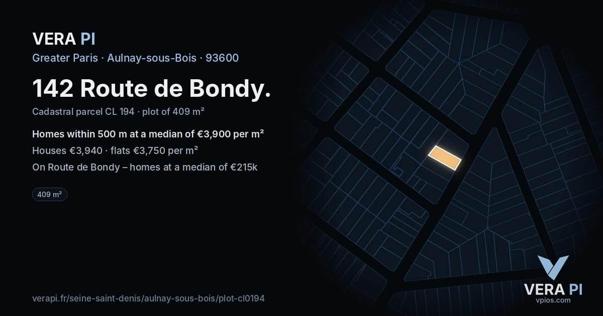 142 Route de Bondy, Aulnay-sous-Bois at night – the plot lit, the parcels around coloured by the prices near them