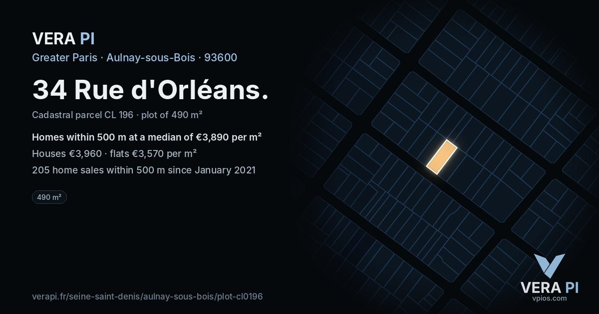 34 Rue d'Orléans, Aulnay-sous-Bois at night – the plot lit, the parcels around coloured by the prices near them