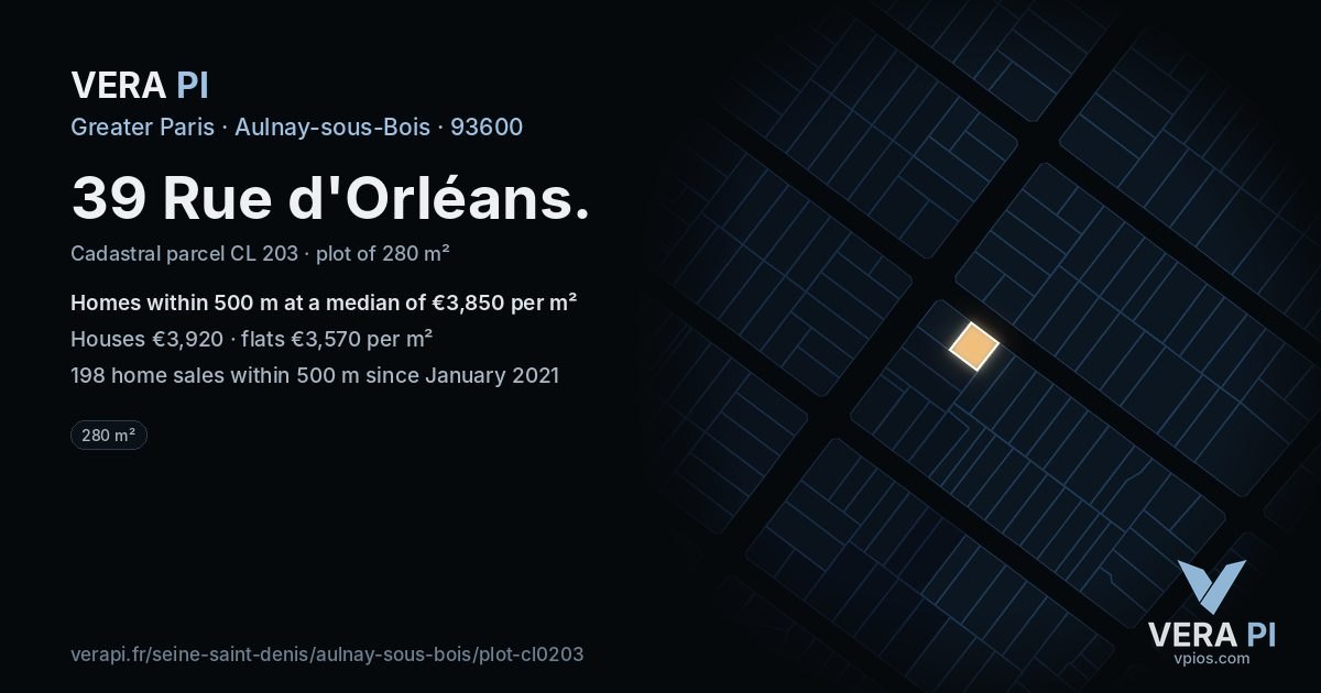 39 Rue d'Orléans, Aulnay-sous-Bois at night – the plot lit, the parcels around coloured by the prices near them