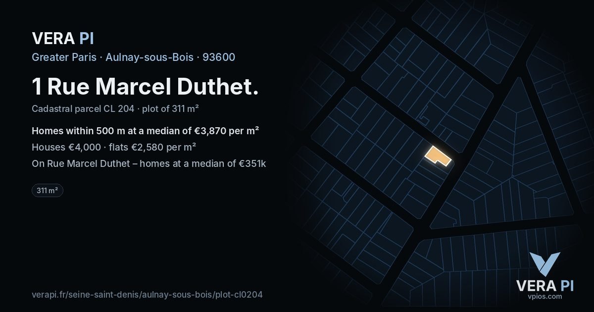 1 Rue Marcel Duthet, Aulnay-sous-Bois at night – the plot lit, the parcels around coloured by the prices near them