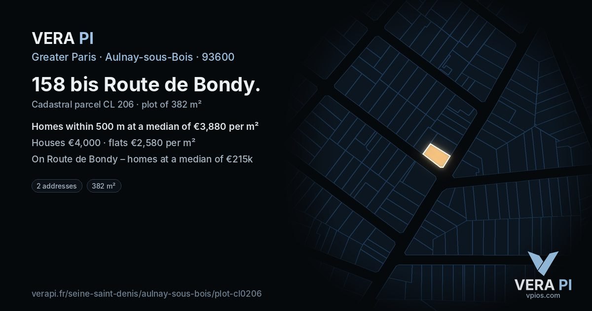 158 bis Route de Bondy, Aulnay-sous-Bois at night – the plot lit, the parcels around coloured by the prices near them