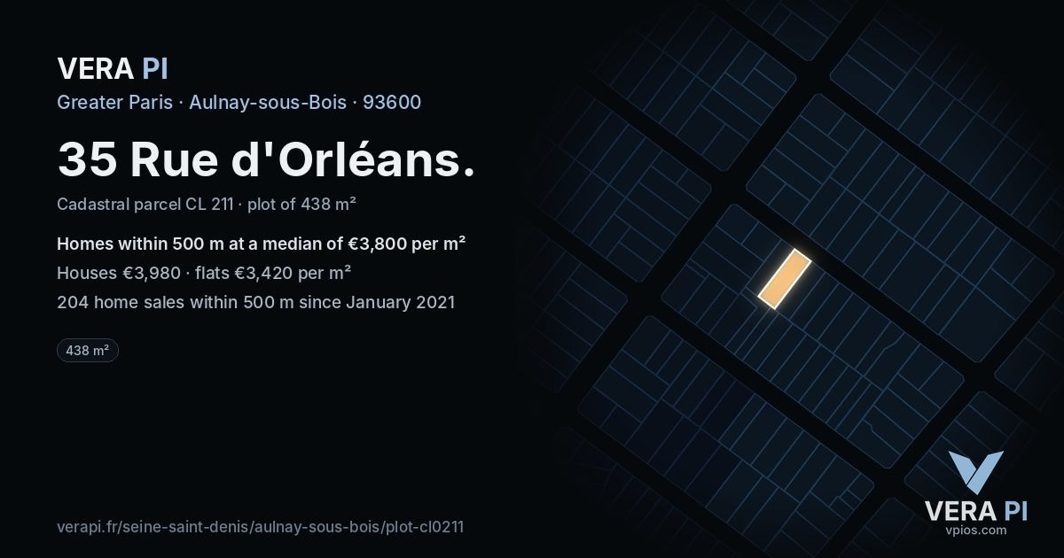 35 Rue d'Orléans, Aulnay-sous-Bois at night – the plot lit, the parcels around coloured by the prices near them