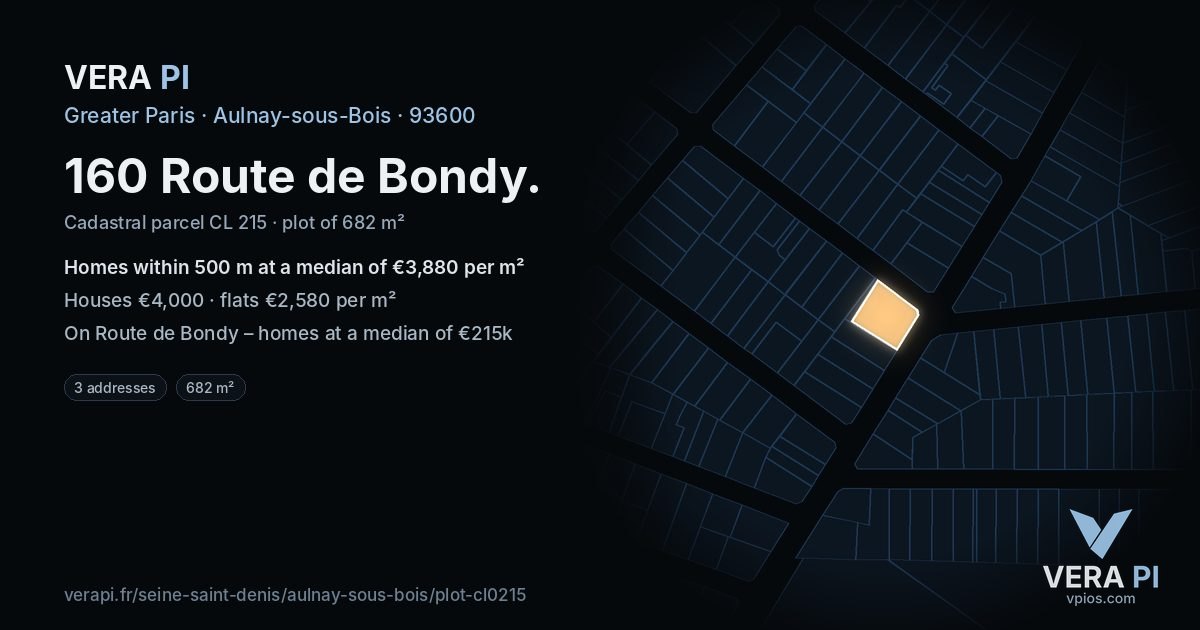 160 Route de Bondy, Aulnay-sous-Bois at night – the plot lit, the parcels around coloured by the prices near them