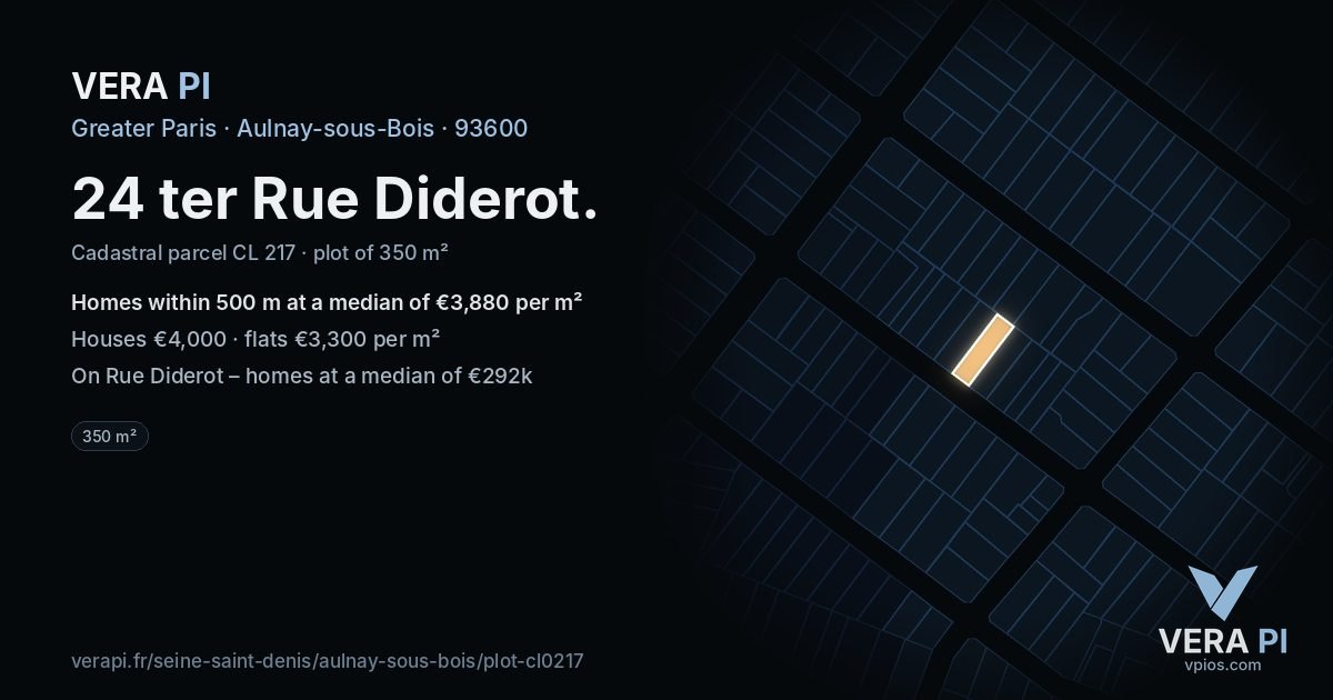 24 ter Rue Diderot, Aulnay-sous-Bois at night – the plot lit, the parcels around coloured by the prices near them