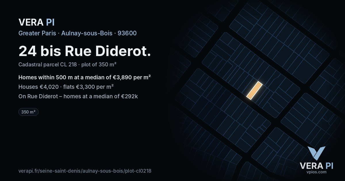 24 bis Rue Diderot, Aulnay-sous-Bois at night – the plot lit, the parcels around coloured by the prices near them