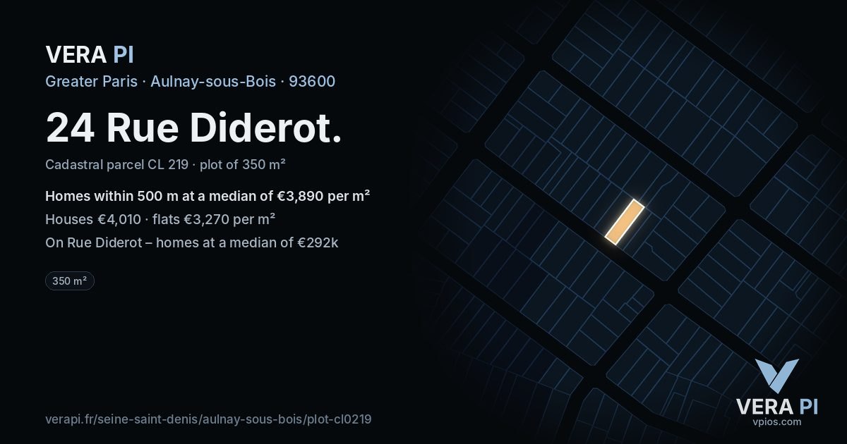24 Rue Diderot, Aulnay-sous-Bois at night – the plot lit, the parcels around coloured by the prices near them