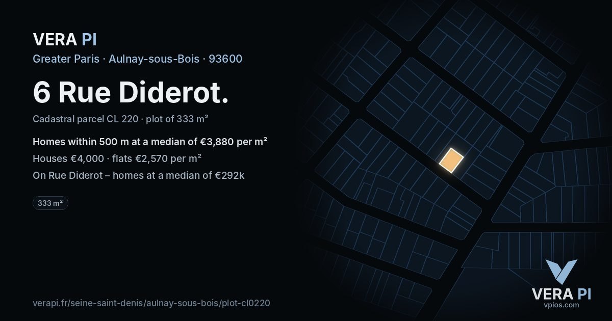 6 Rue Diderot, Aulnay-sous-Bois at night – the plot lit, the parcels around coloured by the prices near them