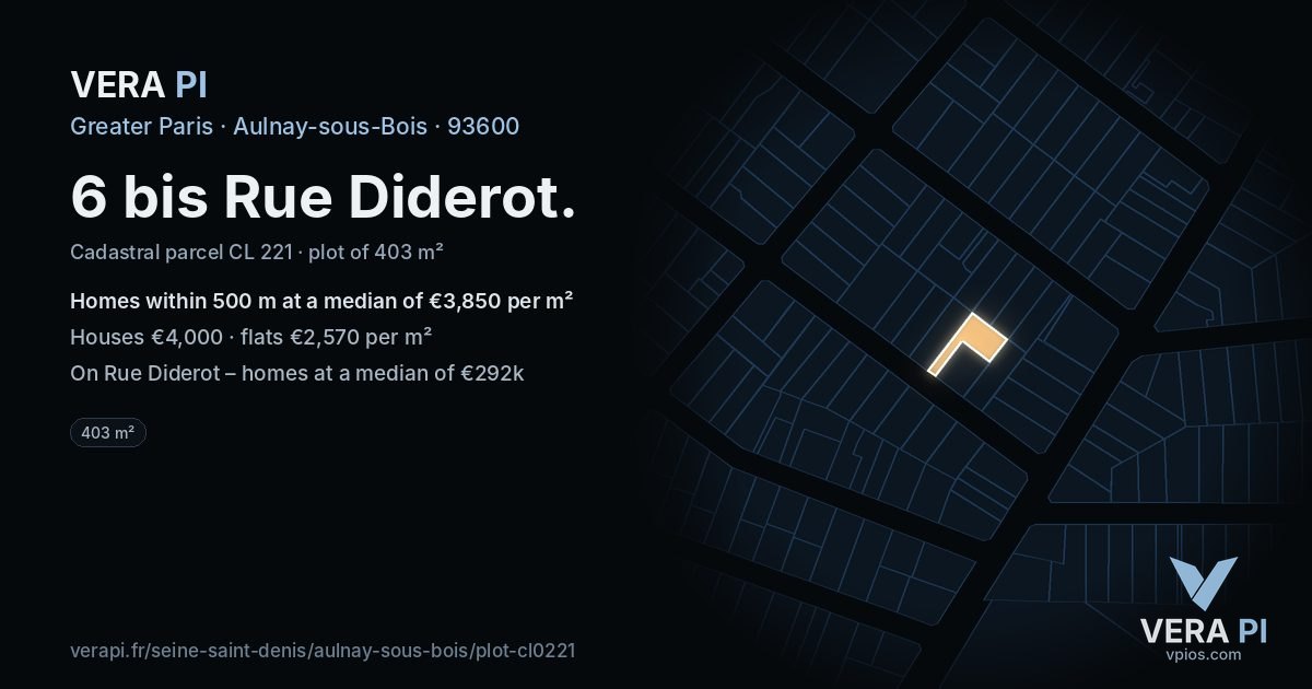 6 bis Rue Diderot, Aulnay-sous-Bois at night – the plot lit, the parcels around coloured by the prices near them