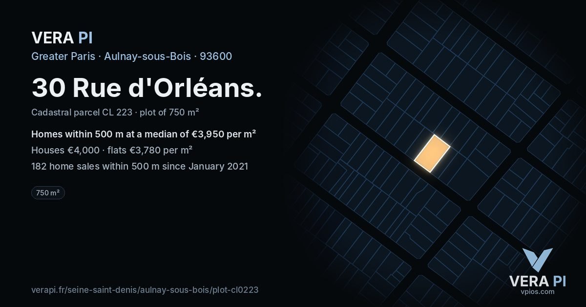 30 Rue d'Orléans, Aulnay-sous-Bois at night – the plot lit, the parcels around coloured by the prices near them