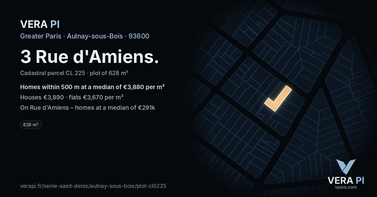 3 Rue d'Amiens, Aulnay-sous-Bois at night – the plot lit, the parcels around coloured by the prices near them