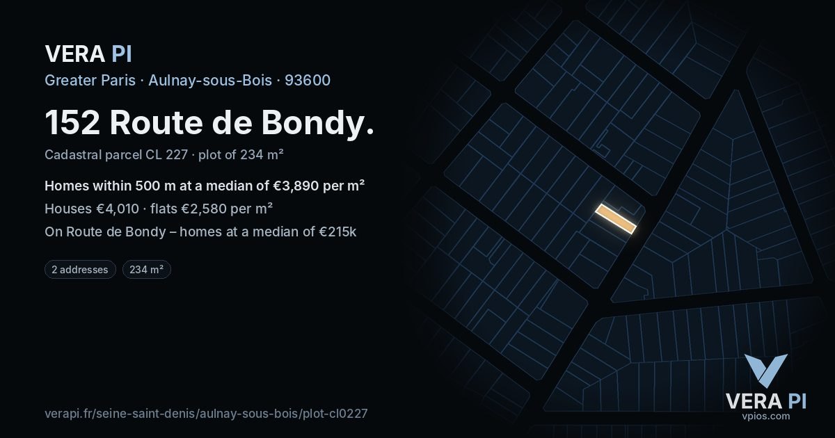 152 Route de Bondy, Aulnay-sous-Bois at night – the plot lit, the parcels around coloured by the prices near them
