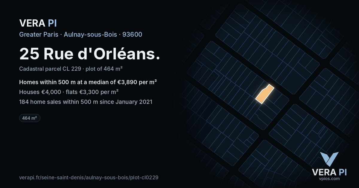 25 Rue d'Orléans, Aulnay-sous-Bois at night – the plot lit, the parcels around coloured by the prices near them