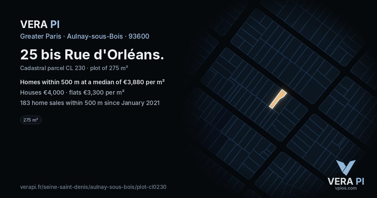25 bis Rue d'Orléans, Aulnay-sous-Bois at night – the plot lit, the parcels around coloured by the prices near them