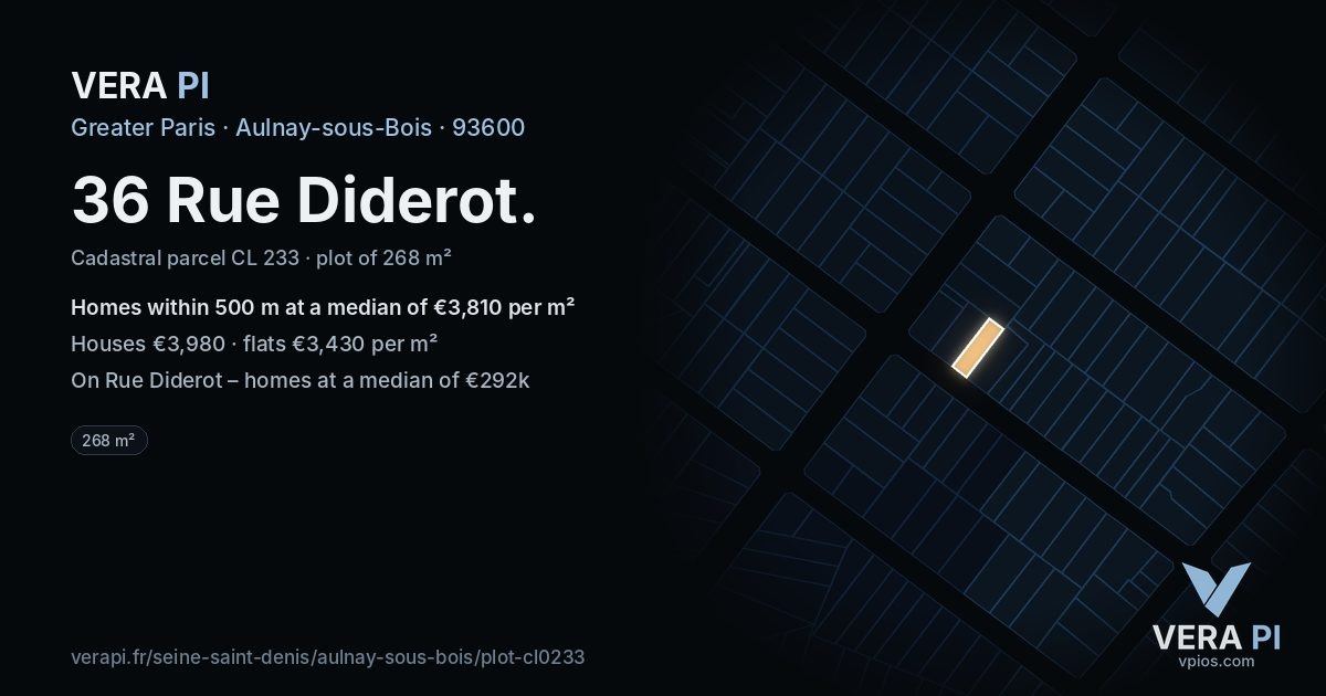 36 Rue Diderot, Aulnay-sous-Bois at night – the plot lit, the parcels around coloured by the prices near them