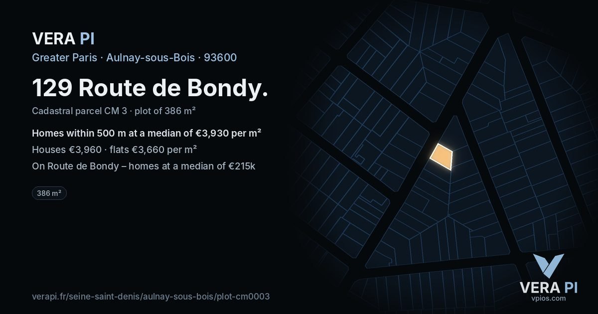129 Route de Bondy, Aulnay-sous-Bois at night – the plot lit, the parcels around coloured by the prices near them