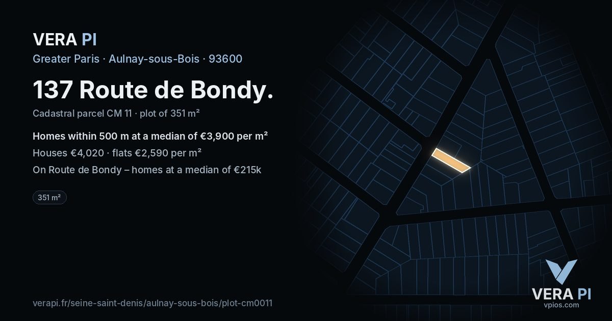 137 Route de Bondy, Aulnay-sous-Bois at night – the plot lit, the parcels around coloured by the prices near them
