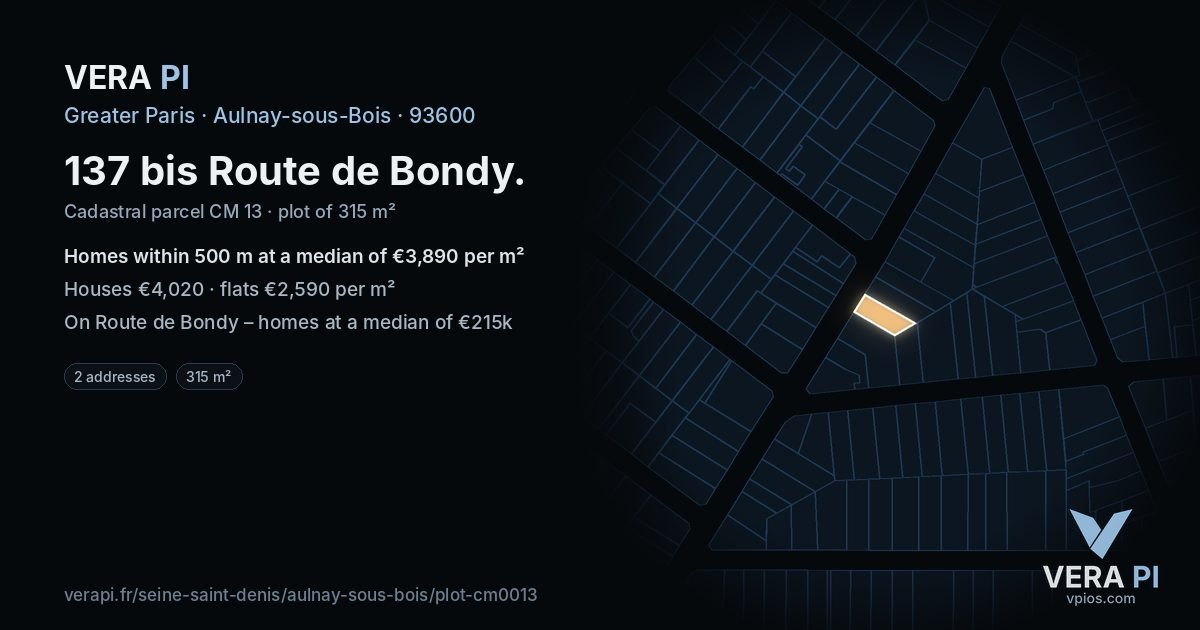137 bis Route de Bondy, Aulnay-sous-Bois at night – the plot lit, the parcels around coloured by the prices near them