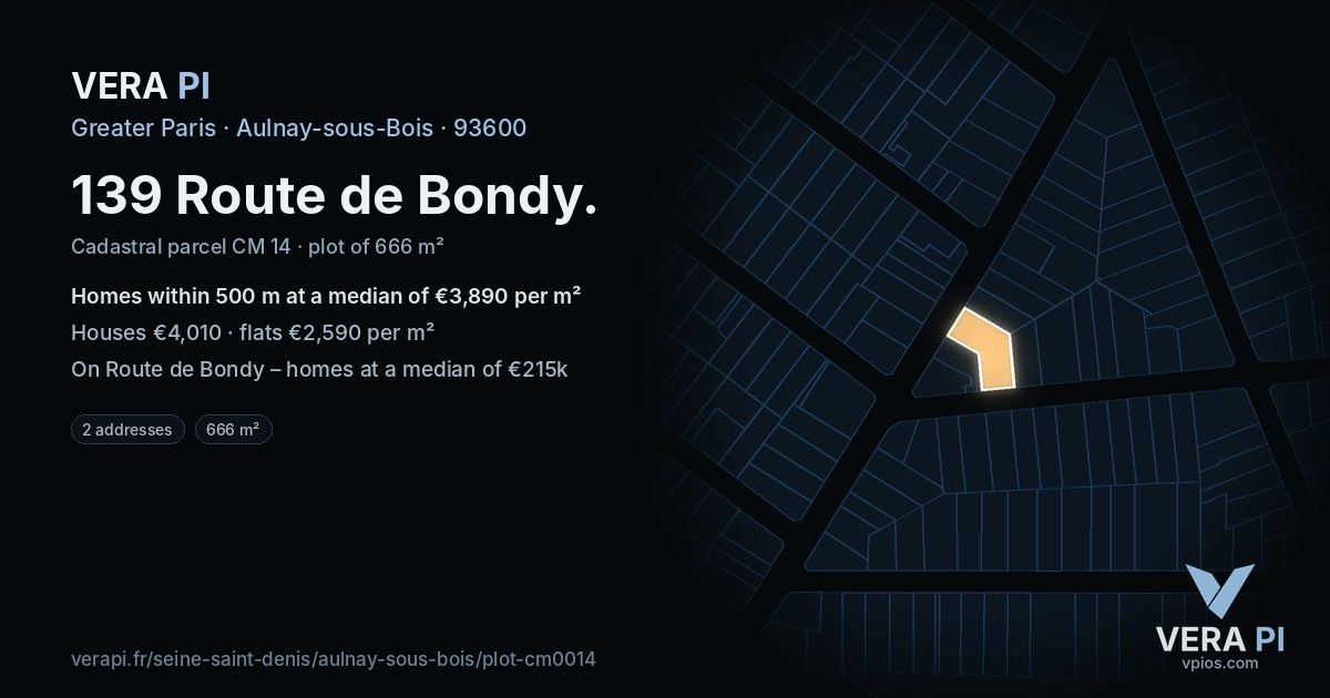 139 Route de Bondy, Aulnay-sous-Bois at night – the plot lit, the parcels around coloured by the prices near them