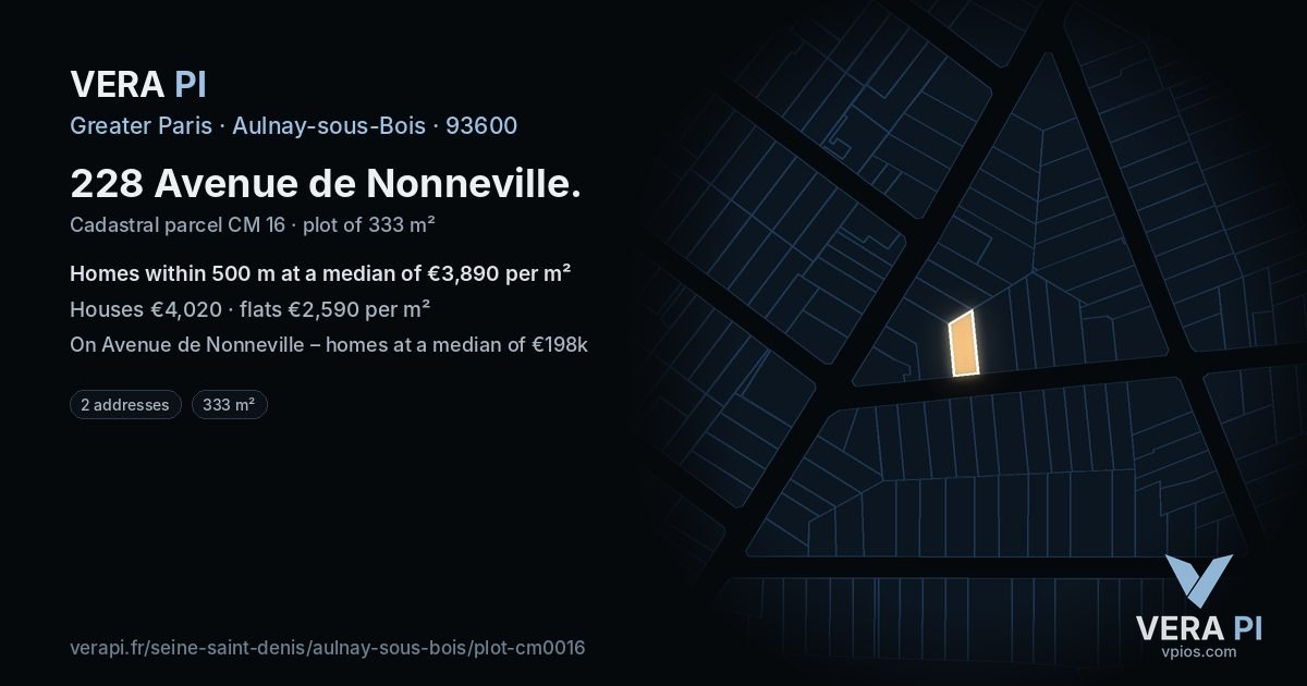 228 Avenue de Nonneville, Aulnay-sous-Bois at night – the plot lit, the parcels around coloured by the prices near them