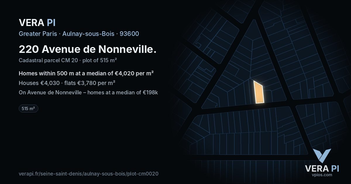 220 Avenue de Nonneville, Aulnay-sous-Bois at night – the plot lit, the parcels around coloured by the prices near them
