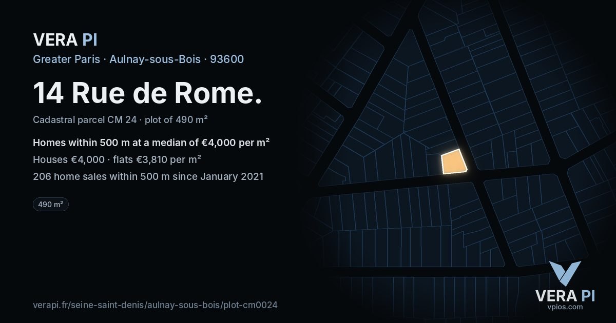 14 Rue de Rome, Aulnay-sous-Bois at night – the plot lit, the parcels around coloured by the prices near them