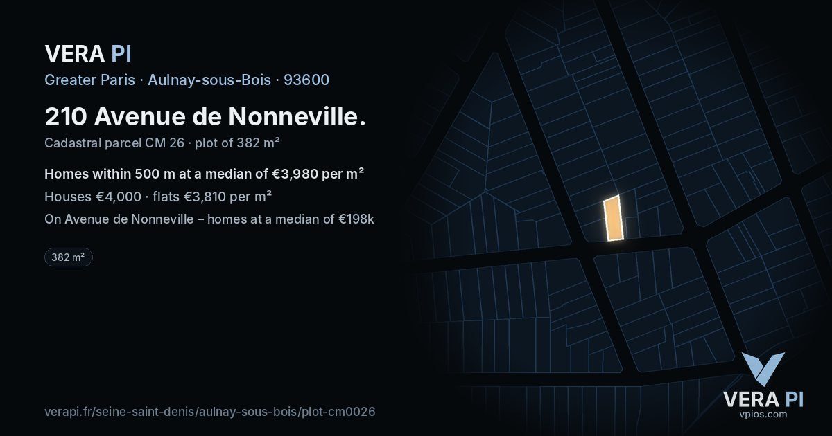 210 Avenue de Nonneville, Aulnay-sous-Bois at night – the plot lit, the parcels around coloured by the prices near them