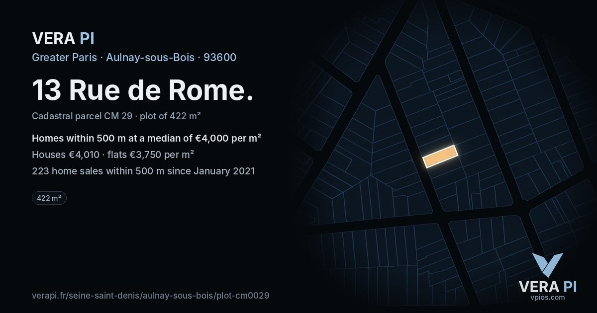 13 Rue de Rome, Aulnay-sous-Bois at night – the plot lit, the parcels around coloured by the prices near them