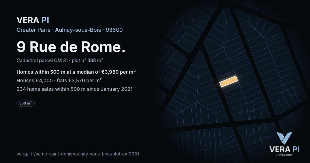 9 Rue de Rome, Aulnay-sous-Bois at night – the plot lit, the parcels around coloured by the prices near them