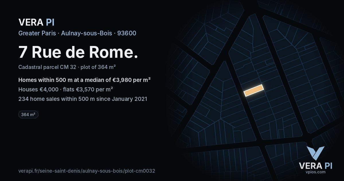 7 Rue de Rome, Aulnay-sous-Bois at night – the plot lit, the parcels around coloured by the prices near them