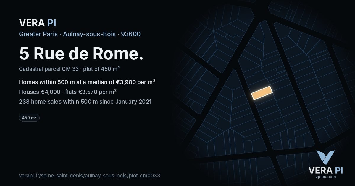 5 Rue de Rome, Aulnay-sous-Bois at night – the plot lit, the parcels around coloured by the prices near them