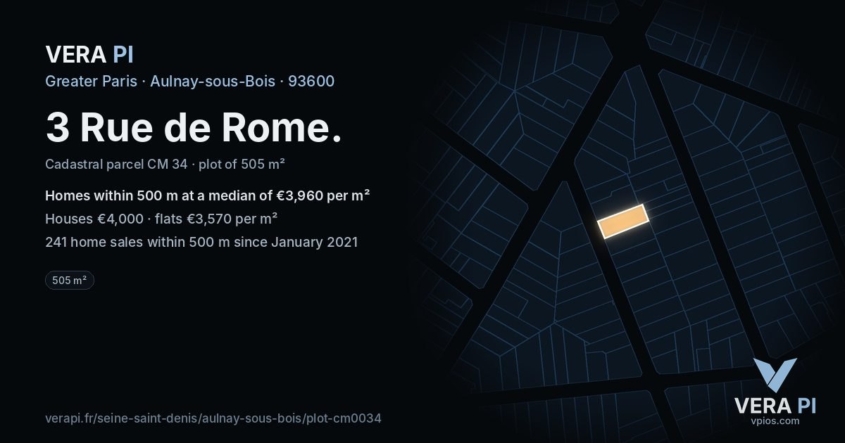 3 Rue de Rome, Aulnay-sous-Bois at night – the plot lit, the parcels around coloured by the prices near them