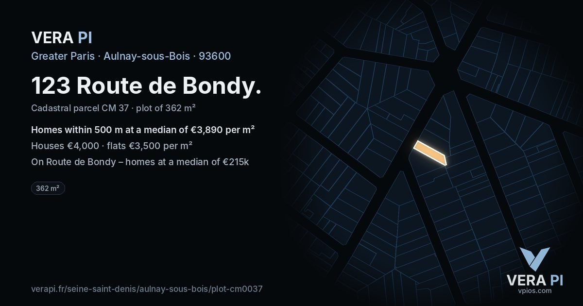 123 Route de Bondy, Aulnay-sous-Bois at night – the plot lit, the parcels around coloured by the prices near them