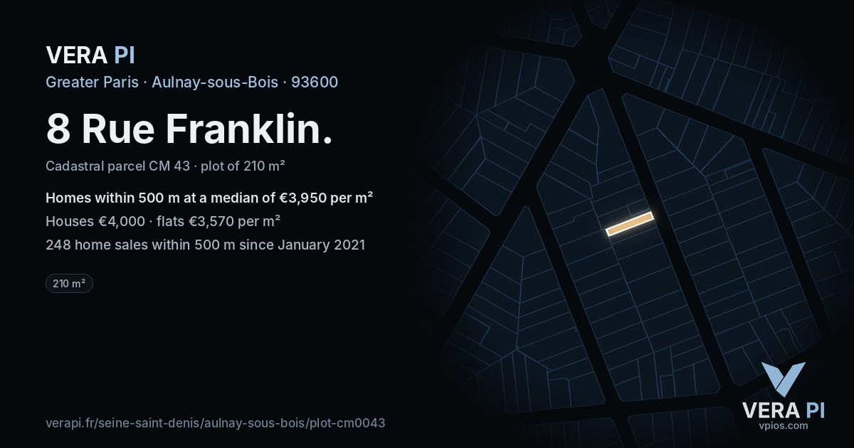 8 Rue Franklin, Aulnay-sous-Bois at night – the plot lit, the parcels around coloured by the prices near them