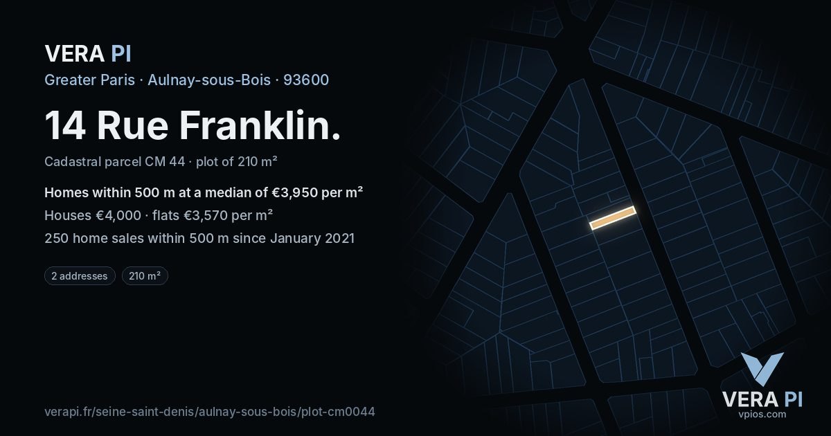 14 Rue Franklin, Aulnay-sous-Bois at night – the plot lit, the parcels around coloured by the prices near them