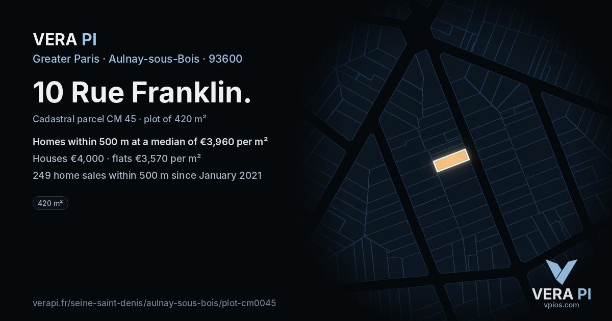 10 Rue Franklin, Aulnay-sous-Bois at night – the plot lit, the parcels around coloured by the prices near them
