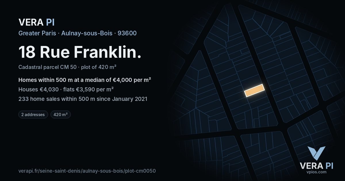 18 Rue Franklin, Aulnay-sous-Bois at night – the plot lit, the parcels around coloured by the prices near them