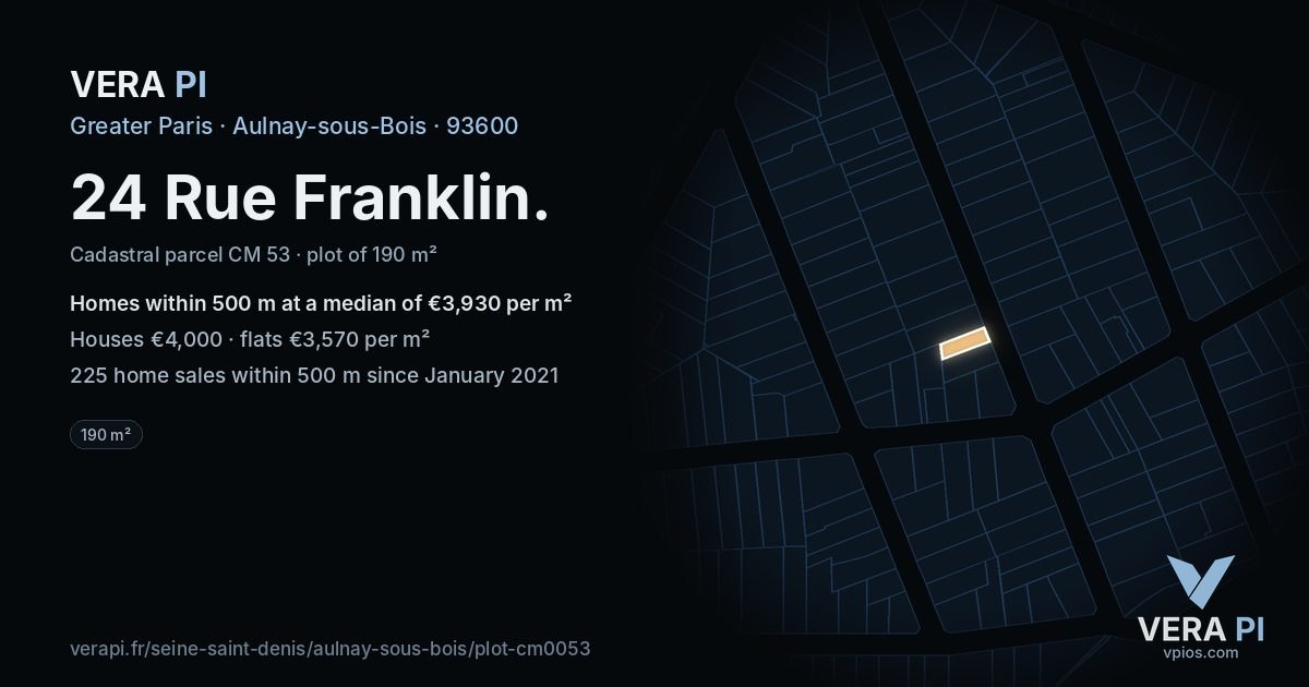 24 Rue Franklin, Aulnay-sous-Bois at night – the plot lit, the parcels around coloured by the prices near them