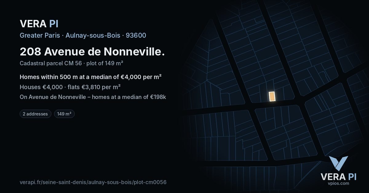 208 Avenue de Nonneville, Aulnay-sous-Bois at night – the plot lit, the parcels around coloured by the prices near them
