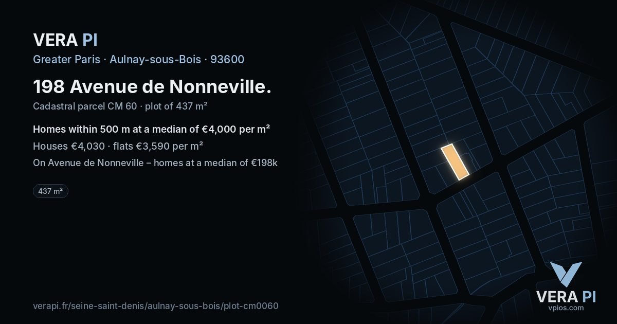 198 Avenue de Nonneville, Aulnay-sous-Bois at night – the plot lit, the parcels around coloured by the prices near them