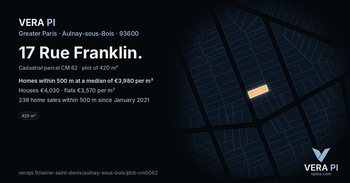 17 Rue Franklin, Aulnay-sous-Bois at night – the plot lit, the parcels around coloured by the prices near them