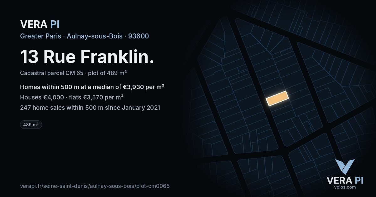 13 Rue Franklin, Aulnay-sous-Bois at night – the plot lit, the parcels around coloured by the prices near them