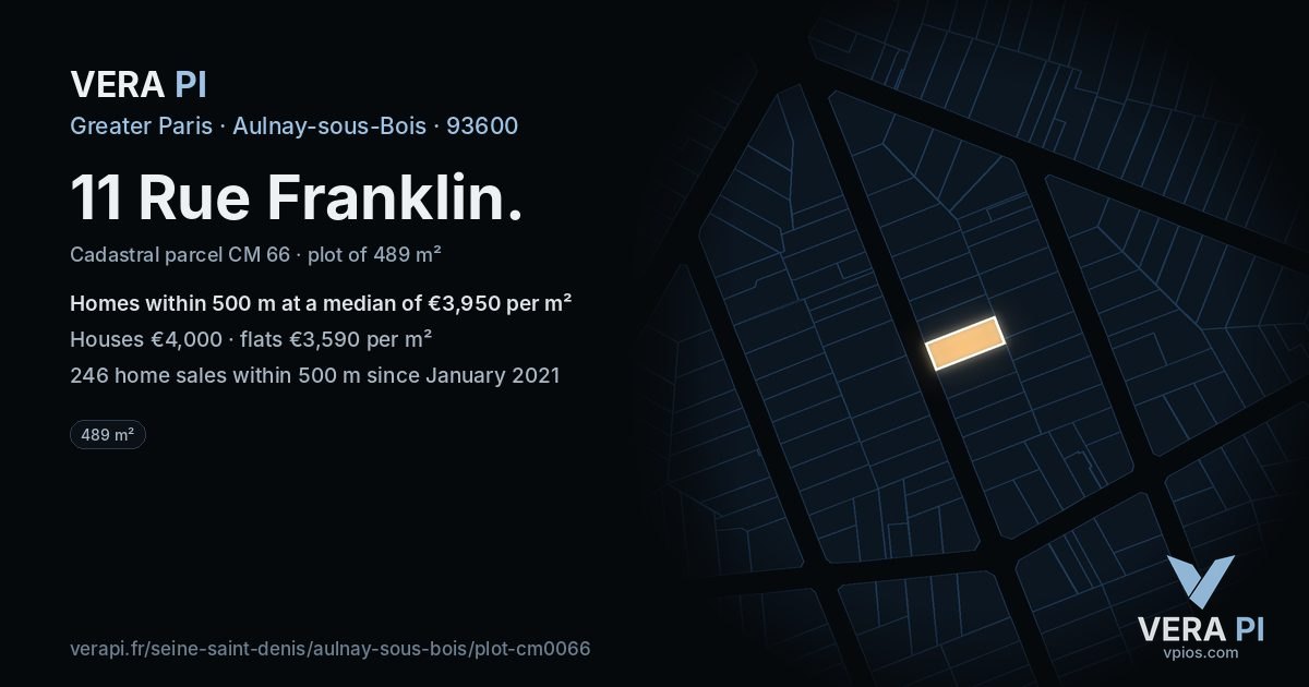 11 Rue Franklin, Aulnay-sous-Bois at night – the plot lit, the parcels around coloured by the prices near them