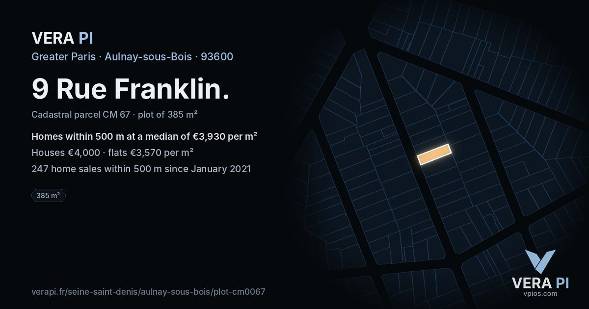9 Rue Franklin, Aulnay-sous-Bois at night – the plot lit, the parcels around coloured by the prices near them