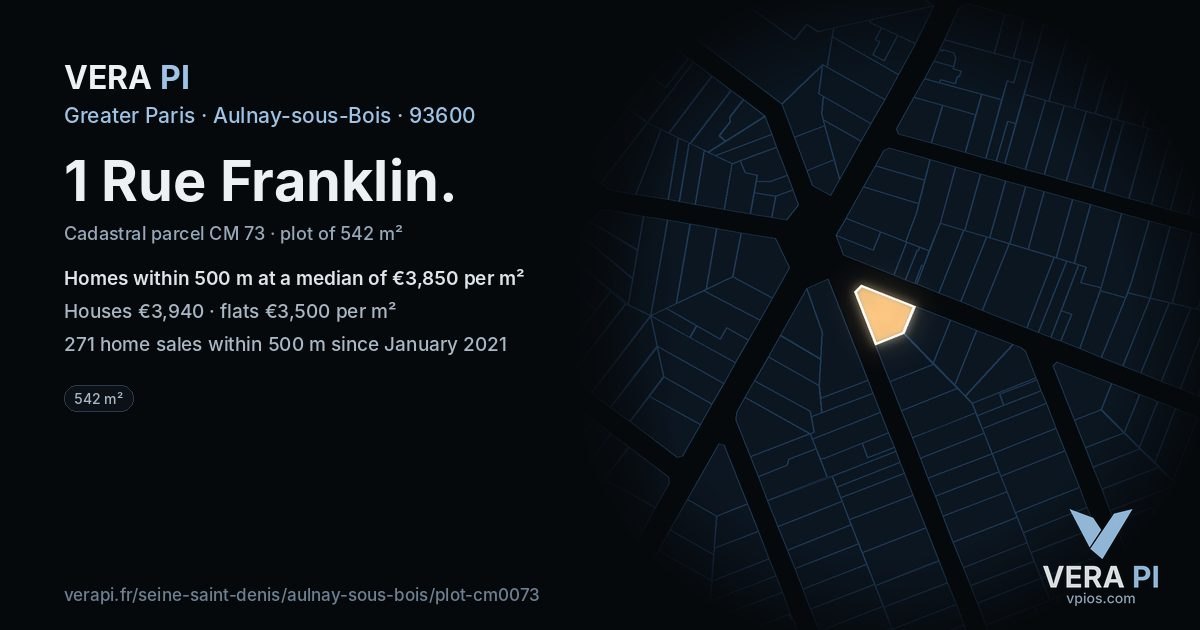1 Rue Franklin, Aulnay-sous-Bois at night – the plot lit, the parcels around coloured by the prices near them