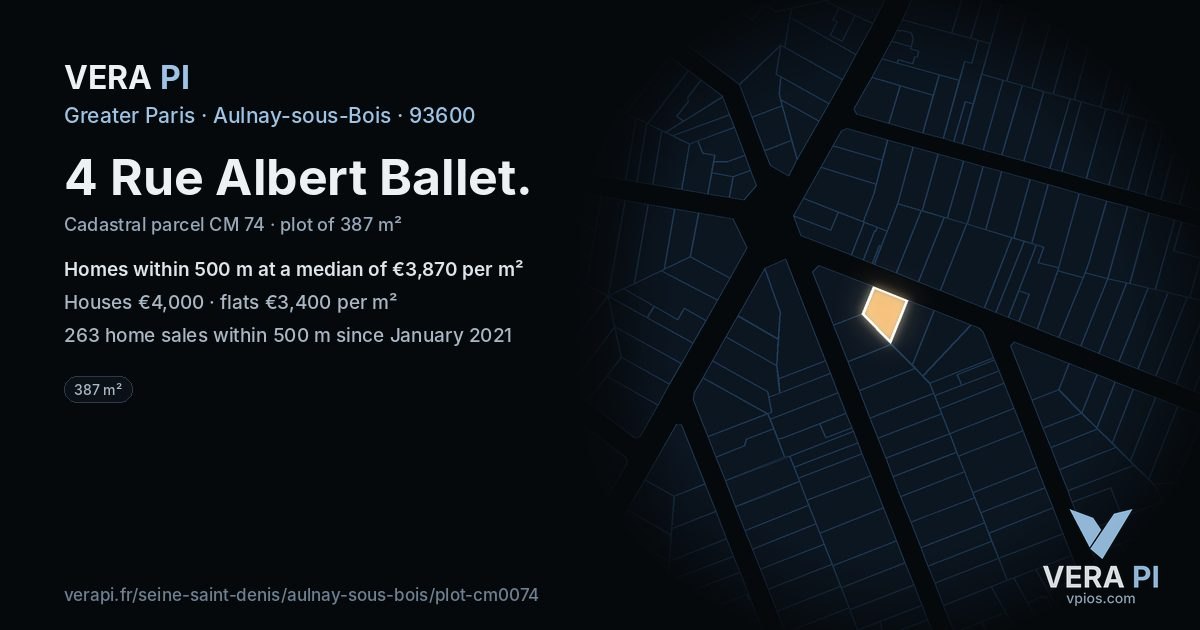 4 Rue Albert Ballet, Aulnay-sous-Bois at night – the plot lit, the parcels around coloured by the prices near them